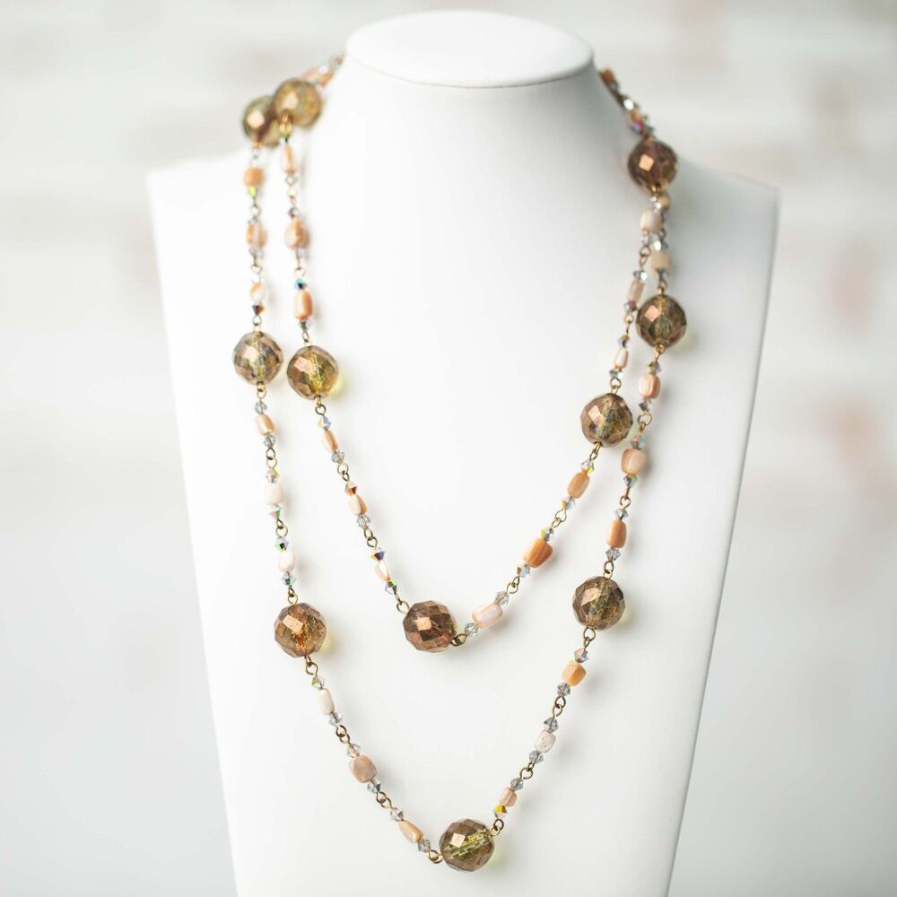 Long Vintage Beaded Necklace Faceted Crystal Peach Boho Retro Statement Jewelry